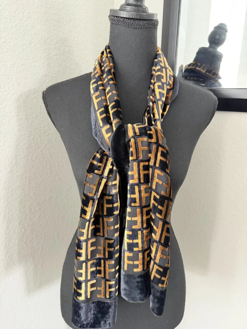 VTG FENDI Zucca Silk Velvet Black Gold Metallic FF Monogram Scarf RARE